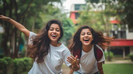 Two Indian college girls or sisters laughing and having fun