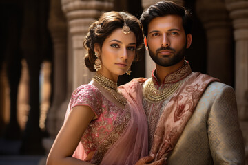 Indian bride and groom in wedding dress