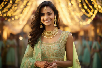 Smiling beautiful Indian bride wearing jewelery