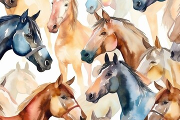 Fototapeta premium Horse watercolor pattern with equestrian background. Generative AI