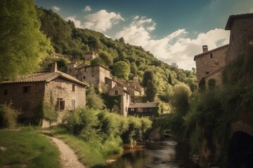 Fototapeta na wymiar Beautiful medieval European scenery with rustic buildings and lush landscapes. Generative AI