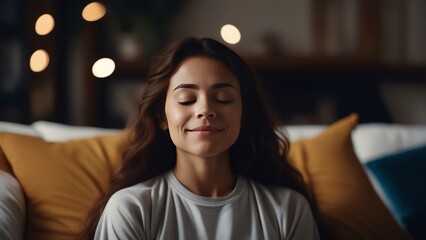 young girl meditating at home with eyes closed and smile, relaxing body and mind in a living room
