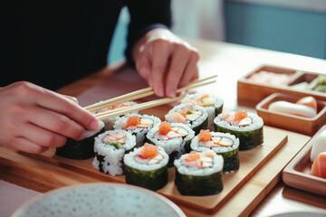 Close Up Shot Of Woman Hands Serving Sushi Rolls On The Table 