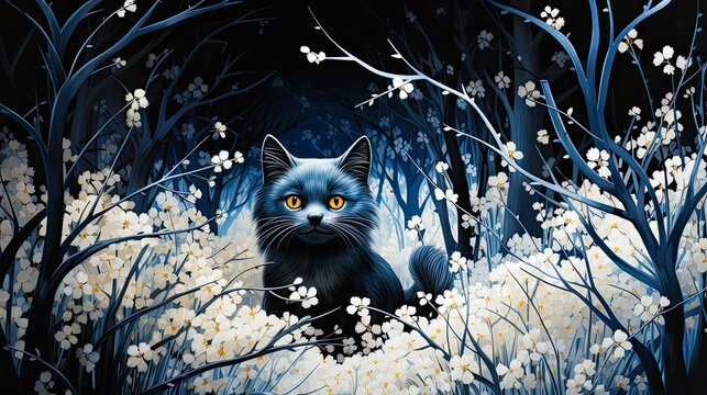 AI generated illustration of a black cat in white flowers