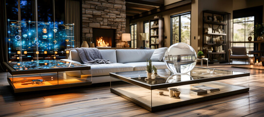 a living room of a house with advanced artificial intelligence systems to organize the smart home