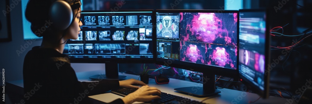 Poster Fusion of AI and creativity: Close-up of hands piloting technology in content creation