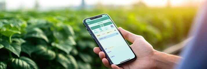 Farmer's hand with phone emphasizes AI agriculture: real-time crop health app in focus - obrazy, fototapety, plakaty