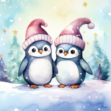 a charming watercolor illustration of two penguins standing side by side in a snowy landscape