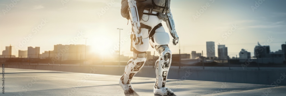 Poster showcasing ai's power through a close-up of robotic exoskeleton mobility aid in healthcare