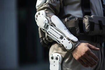 Advanced mobility via AI: Person in robotic exoskeleton suit marks healthcare progress