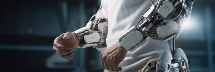 Healthcare transformed: Close-up of user harnessing AI's prowess with a robotic exoskeleton - obrazy, fototapety, plakaty
