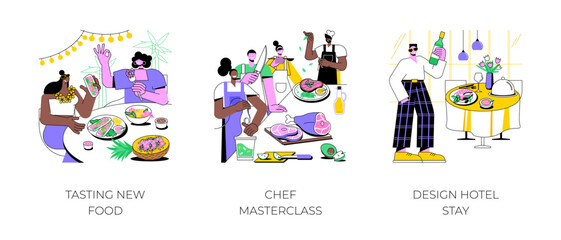 Gastronomy tour isolated cartoon vector illustrations set. Tasting new food, gastronomic experience, try traditional cuisine, Chef masterclass, cooking lesson, stay in design hotel vector cartoon.