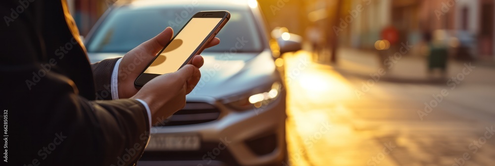 Poster city user finds parking swiftly using AI app. Close-up of smartphone simplifying urban hustle
