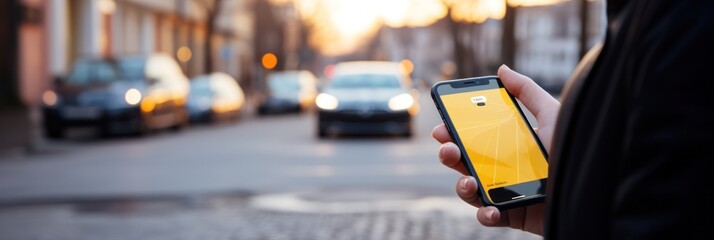 Discovering parking in city made effortless with AI smartphone app taxi car rental. Close-up