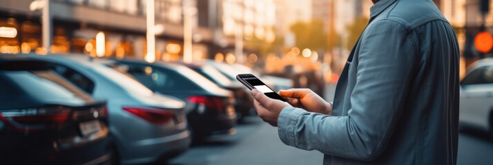 Close-up: Urban dweller AI smarts for hassle-free parking via app. Tech-enhanced city convenience - obrazy, fototapety, plakaty