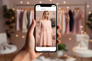 AI-powered style guide: Fashion item on phone screen algorithmically curated looks. e-fashion - obrazy, fototapety, plakaty