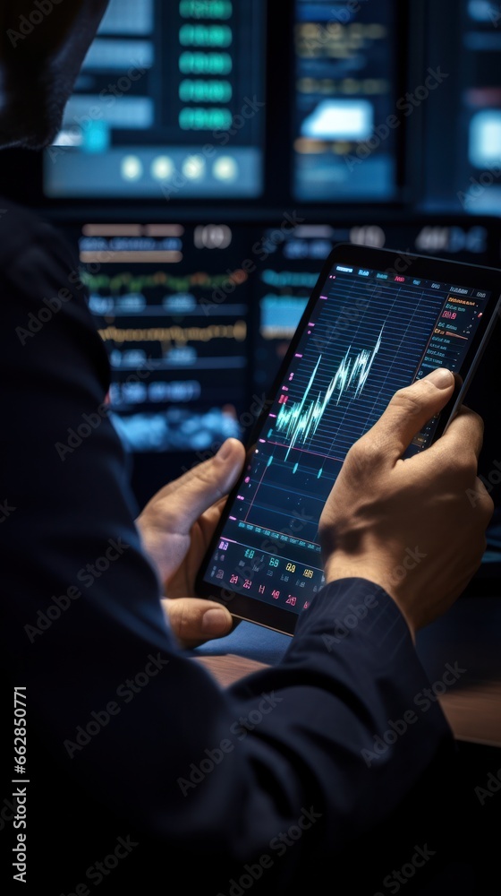 Poster close-up of trader with tablet assisted by ai for stock decisions. modern finance showcased