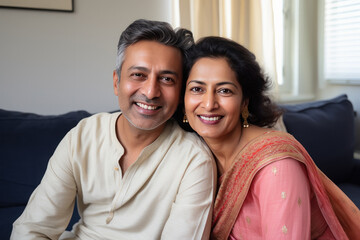 Indian couple smiling while hugging each other - obrazy, fototapety, plakaty