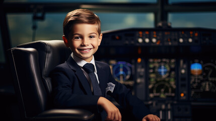 A little boy pretends to be an airplane pilot. The concept of children in adulthood.