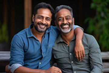 Two Indian men smiling with their arms around each other - obrazy, fototapety, plakaty