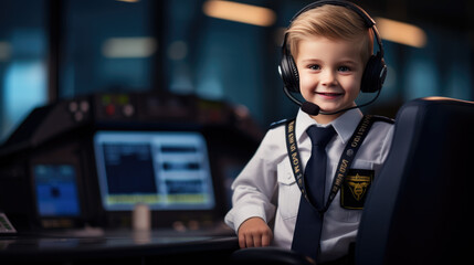A little boy pretends to be an airplane pilot. The concept of children in adulthood.