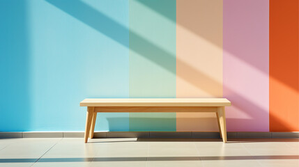 A modern design small bench placed beside the pastel color wall