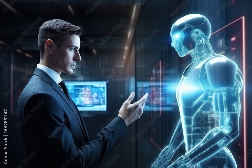 Poster Virtual AI human assistant and man in dynamic interaction, futuristic convenience