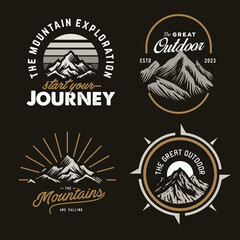 classic t-shirt graphic art assets. set collection of vintage adventure badge . Camping emblem logo with mountain illustration in retro hipster style. - obrazy, fototapety, plakaty