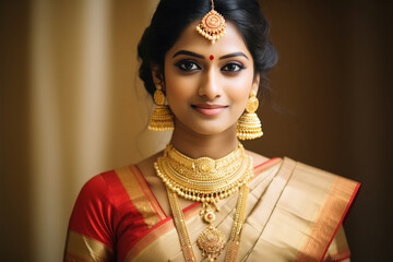 Indian beautiful bride wearing jewelery and traditional saree