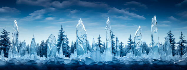 blocks of ice coming out of the ground in a forest, snowy pines in the background,