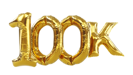 Thank you one hundred thousand or 100K subscribers. 3D render of gold one hundred thousand balloons isolated on white background.