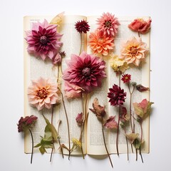 Dahlia Diary: Rich dahlias spread out like diary entries, intertwined with dried flower bookmarks against the white