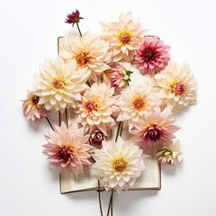 Dahlia Diary: Rich dahlias spread out like diary entries, intertwined with dried flower bookmarks against the white