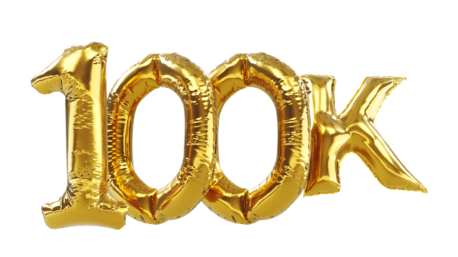 Thank you one hundred thousand or 100K subscribers. 3D render of gold one hundred thousand balloons isolated on white background.
