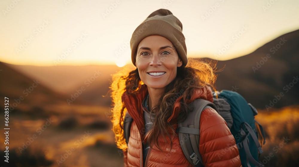 Canvas Prints Portrait of woman smiling at camera during hike. Sunset or sunrise.