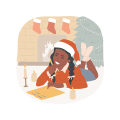 Writing letter to Santa isolated cartoon vector illustration. Smiling little girl writing letter to Santa on xmas holiday, asking for gifts for Christmas time, festive days vector cartoon.