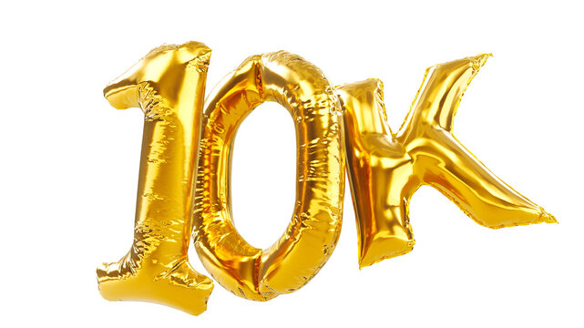 Thank you ten thousand or 10K subscribers. 3D render of gold ten thousand balloons isolated on white background.