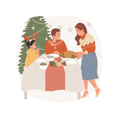 Serving Christmas meal isolated cartoon vector illustration. Family gathering for xmas celebration, woman serving traditional meal for holiday, Christmas time with relatives vector cartoon.