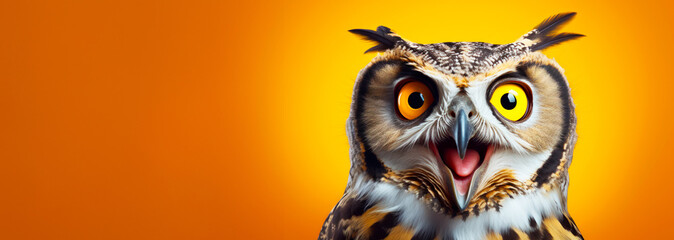 Surprised and shocked owl on yellow background. Emotional animal portrait. With copy space.