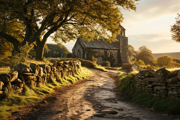 a small chapel standing at a crossroads, in the style of traditional  landscapes. AI generativ.