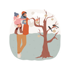 Birdseed cakes isolated cartoon vector illustration. People hanging DIY birdseed cakes on a tree, wildlife survey, hands-on activities outdoors, family lifestyle, nature care vector cartoon.