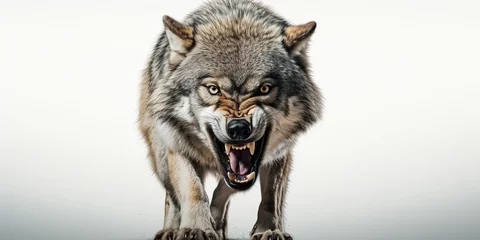 Deurstickers Front view of ferocious looking Wolf animal looking at the camera with mouth open isolated on a transparent background © Настя Шевчук