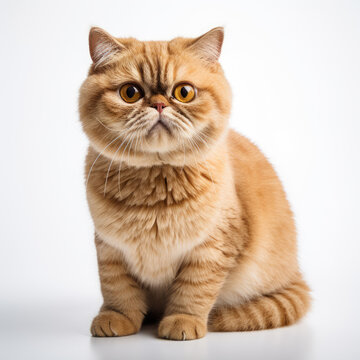 Close up a exotic shorthair, Angle to capture the whole body, studio photo, White background