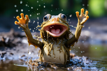 close-up photo of a frog jumping in a muddy puddle with its legs up, memes, funny,m humorous animals - obrazy, fototapety, plakaty