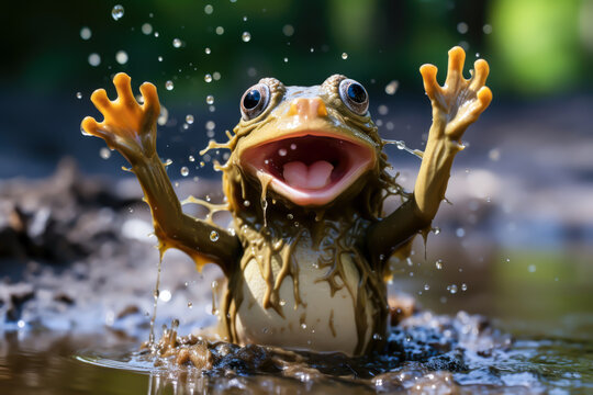 close-up photo of a frog jumping in a muddy puddle with its legs up, memes, funny,m humorous animals