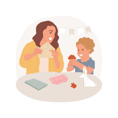 Origami isolated cartoon vector illustration. Happy family making origami together and smiling, having common hobby, hands-on activity, people doing art, handmade gift idea vector cartoon.