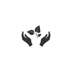 Isolated icon of green plant in black hand on white background. Silhouette of leaf and hand. Symbol of care, protection, charity