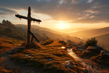 Obraz premium a small chapel standing at a crossroads, in the style of traditional landscapes. AI generativ.
