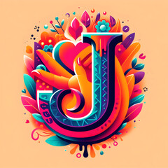 letter &ldquo;J&rdquo; in the center modern typography with Indian colors festival
