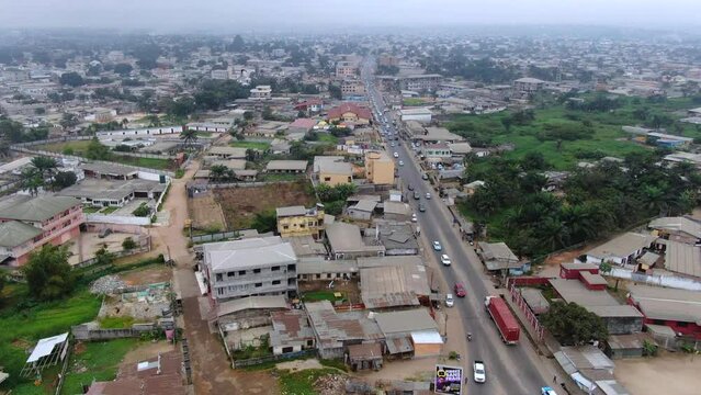 Aerial view of Pointe-Noire, a port city in Congo-Brazzaville, Africa, showcasing the bustling harbor, urban skyline, and coastal landscapes.